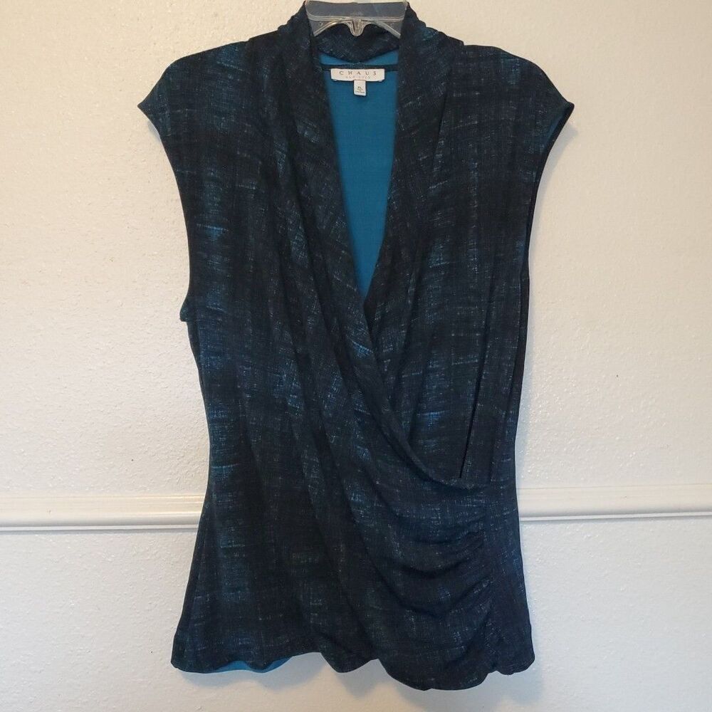 Chaus New York Women's Sz XL Faux Wrap V-Neck Top Blouse Plaid‎ Blue Green